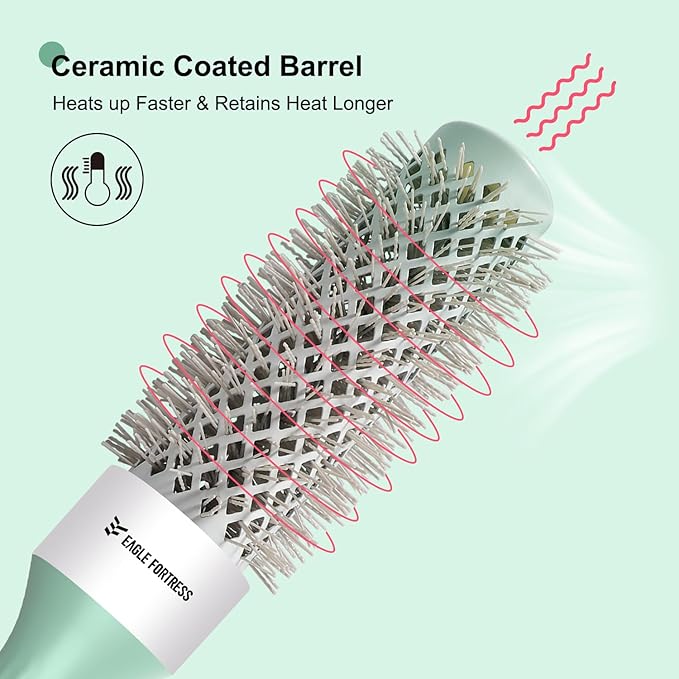 Eagle Fortress Round Brush for Blow Out, Thermal Ceramic Hair Brush for Blow Drying with Ionic Bristle for Professional Blowout Brushing - Green, 32mm