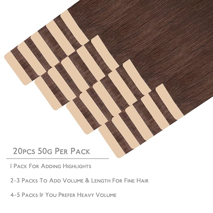WENNALIFE Tape in Hair Extensions Human Hair, 20pcs 50g 20 inch Chocolate Brown Remy Hair Extensions Straight Human Hair Tape in Extensions Skin Weft Tape Extensions Human Hair