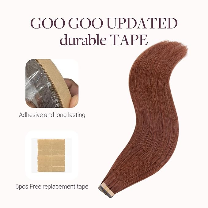 GOO GOO Tape in Hair Extensions Human Hair, #33B Dark Auburn Copper, 24inch 100g 40pcs, Skin Weft Seamless Invisible, Silky Straight with Thick Ends, Remy Human Hair