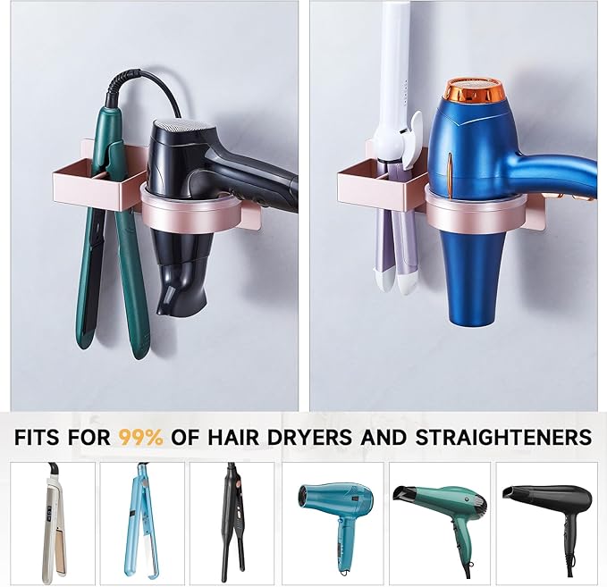 Blow Dryer Holder Wall Mounted, Hair Straightener Holder, Hair Dryer Holder Adhesive, Hair Tool Organizer for Flat Iron, Hairdryer, Curling Iron Holder for Bathroom Vanity Barber Shop (Rose Gold)