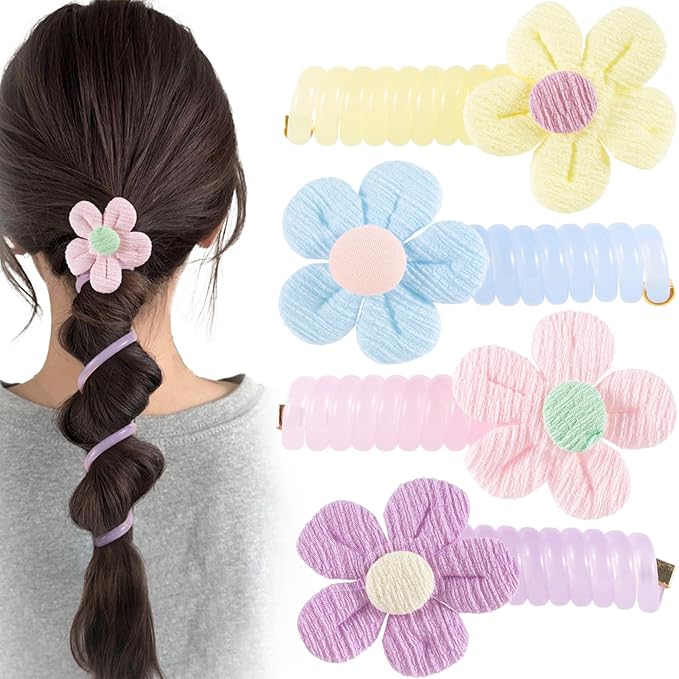 4PCS Spiral Hair Ties with Cloth Flower, 4 Colors Floral Phone Cord Ponytail Holders for Women, Elegant Rubber Hair Coils, Stylish Hair Accessories for Party, Daily Use