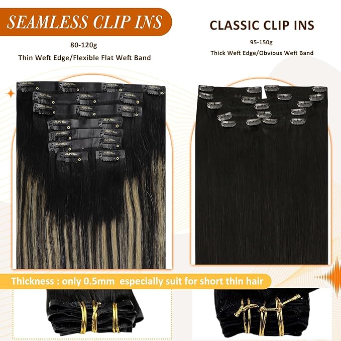 Full Shine Seamless Human Hair Clip in Extensions Black Hair Extensions Clip in Ombre Natural Black to Medium Brown and Blonde for Short Hair 12 Inch 80 G 8 PCS