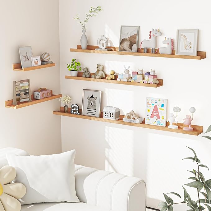 Heimlove Picture Ledge Shelf, Floating Shelves Set of 2, 36 Inches Picture Shelf for Wall with Ledge, Kids Bookshelf Wall Mounted for Living Room Bedroom Decor Books Photo Frames - Natural Oak