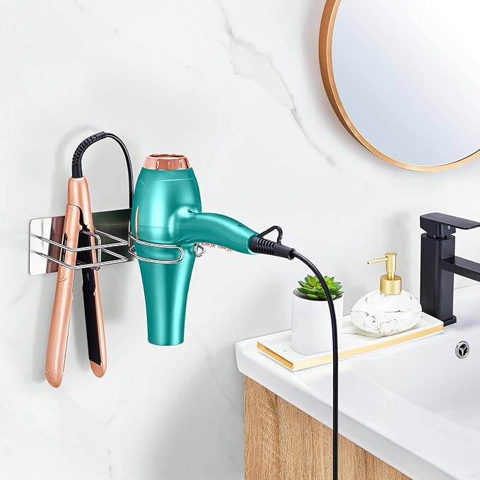 Hair Dryer and Straightener Holder Wall Mounted, Self Adhesive Blow Dryer and Flat Iron Storage Hair Tool Organizer for Bathroom Vanity (Silver)