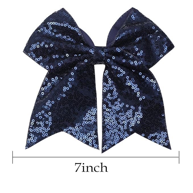 Large Glitter Cheer Bows Clips, Jumbo Big 7 Inch Cheerleading Sequin Hair Bow Hair Accessories for Teens Girls Football Sports Cheerleader Outfit Uniform (Navy Blue)