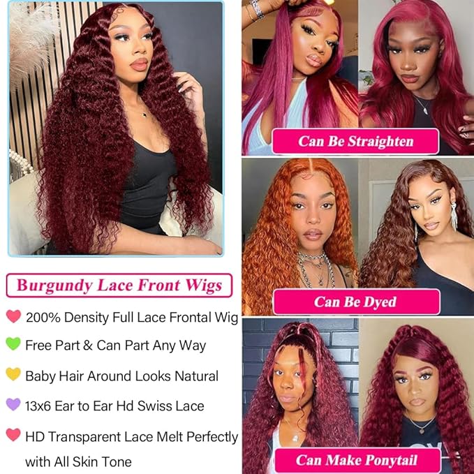 38 Inch 99J Burgundy 13x6 Lace Front Wigs Human Hair Red Burgundy Wig 200% Density Deep Wave Lace Front Wigs Human Hair Pre Plucked Glueless HD Lace Frontal Wigs for Women