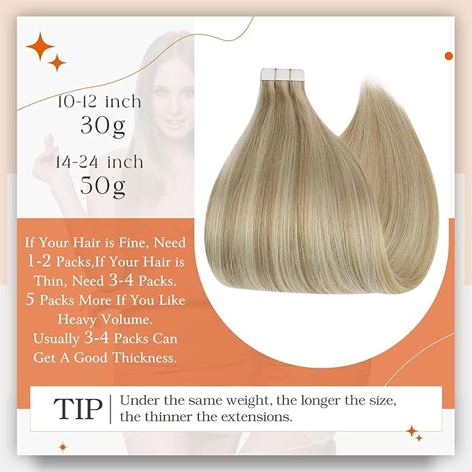 Full Shine Hair Extensions Tape in Color 16P22 Highlighted Blonde Tape in Hair Extensions Human Hair Bridal Hairstyles 20Inch 100G 40Pcs Straight Silky Seamless Skin Weft