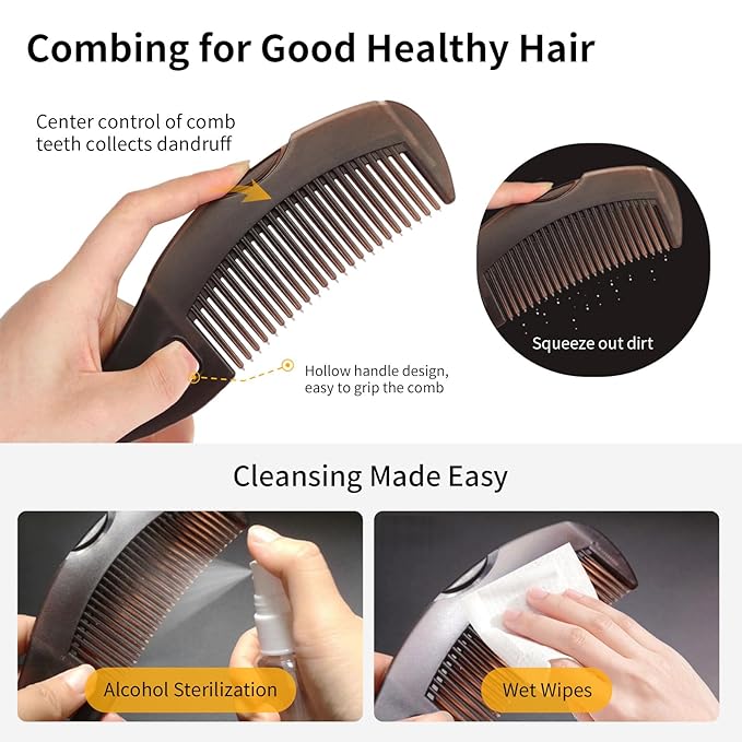 Dandruff Comb Wide Tooth, Stainless Steel Fine Tooth Lice/Psoriasis Scalp Detox Comb for Women, Men & Kids, Professional Portable Sweep/Massage/Clean Shower Brush Tool for Hair Care/Growth (Black)