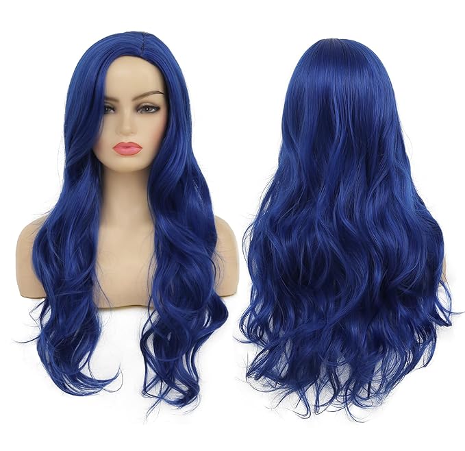 Baruisi Long Curly Wavy Blue Wigs for Women Side Part Natural Looking Cosplay Synthetic Fiber Wig Heat Resistant Replacement Wig