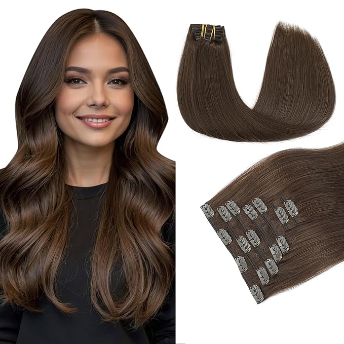 PINKPEARL Human Hair Clip in Hair Extensions 18inch #4 Chocolate Brown Clip in Hair Extensions Real Human Hair 7pcs 120g Natural Human Hair Clip ins for Women(#4-18)