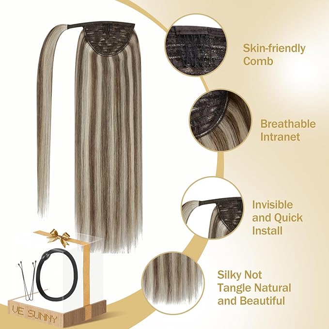 Ve Sunny Hair Extensions Ponytail Real Human Hair Wrap Around Clip in Ponytail Hair Extensions Straight Extensions Human Hair for Women Light Brown Highlights Platinum Blonde 20inch 80G