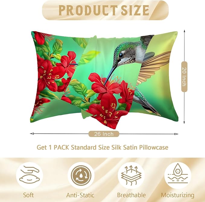 Satin Pillowcase with Zipper for Hair and Skin Humming Bird and Red Flowers 1 Pack Soft Silk Pillow Case Standard Size Wrinkle-Free Smooth and Cooling Satin Pillow Cover 20”x26”