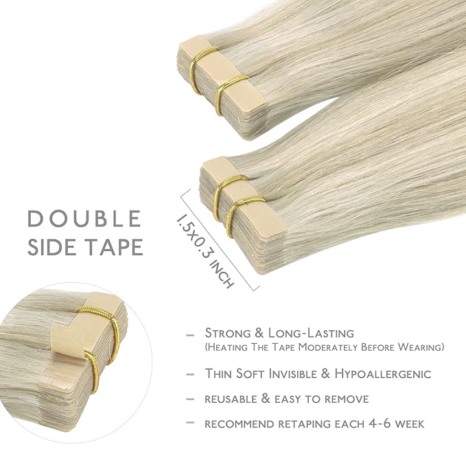 WENNALIFE Tape in Hair Extensions Human Hair, 20pcs 50g 16 inch Ash Blonde Highlighted Platinum Blonde Remy Hair Extensions Straight Human Hair Tape in Extensions Skin Weft Tape Extensions Human Hair