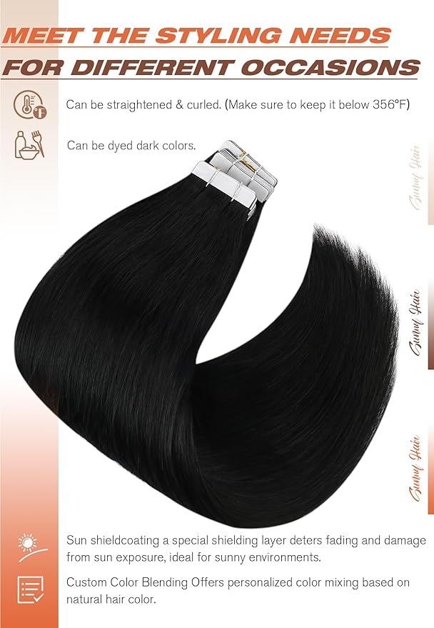 Sunny Hair Tape in Hair Extensions Human Hair 22inch Hair Extensions Real Human Hair Tape in Extensions for Women Jet Black Invisible Remy Hair Natural Straight Skin Weft Double Sided Tape 40pcs 100g