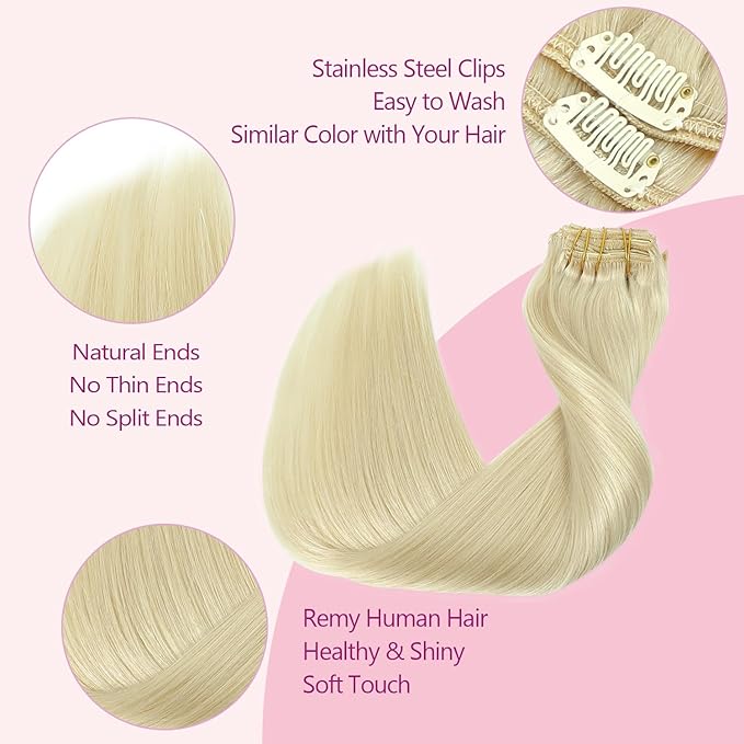 PINKPEARL Clip in Hair Extensions #60 Platinum Blonde Clip in Hair Extensions Real Human Hair 7pcs 120g 22inch Blonde Hair Extensios Clip ins for Women Straight Natural Human Hair Clip ins (#60-22)