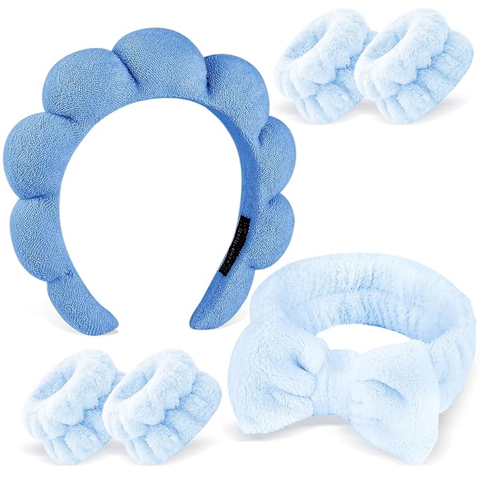 Zkptops 6Pcs Spa Headband for Washing Face Wristbands Set Women Bubble Skincare Makeup Sponge Terry Cloth Padded Puffy Headband Bow Tie Hairband Cute Non Slip Thick Hair Accessory Gifts(Dark Blue)