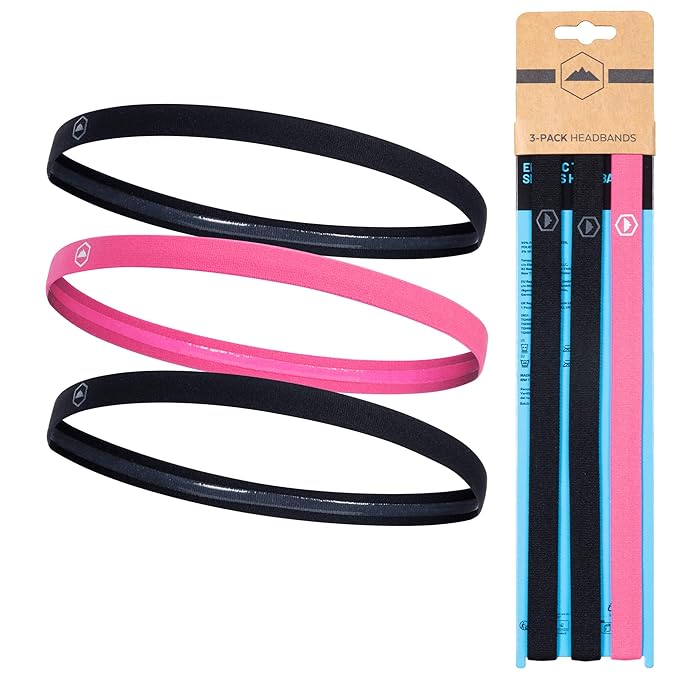 Tough Headwear Athletic Headband Set - Thin Headbands for Women - Elastic Sport Hair Bands Men - Skinny Sports Hairbands - Non Slip Athletic Head Bands for Sports - Black
