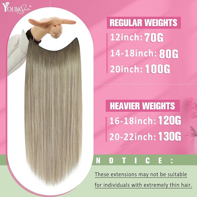 YoungSee Wire Hair Extensions for Women Ombre Invisible Wire Hair Extensions Human Hair Balayage Ash Blonde Ombre Platinum Blonde Fish Line Extensions Real Human Hair 80g 18In