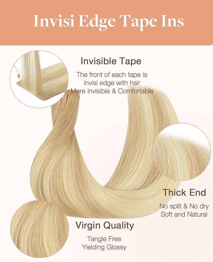 GOO GOO Invisi edge Tape in Hair Extensions Human Hair, 18AP60A Pearl Ash Blonde Highlights 10pcs injected with 10pcs classical tape ins, 22inch 50g, Virgin Human Hair Tape ins