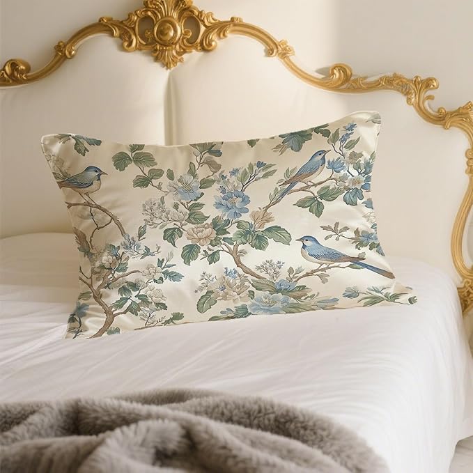 Silk Pillow Case for Hair and Skin Abstract Blue Beige Floral and Bird Standard Size Silk Pillow Case with Zipper Super Soft Pillow Covers for Women Bed Sleeping, 20x26 Inches