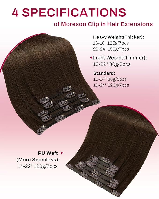 Moresoo Clip in Hair Extensions Real Human Hair Double Weft Human Hair Clip in Extensions Straight Medium Brown #4 5pcs 80g 16inch