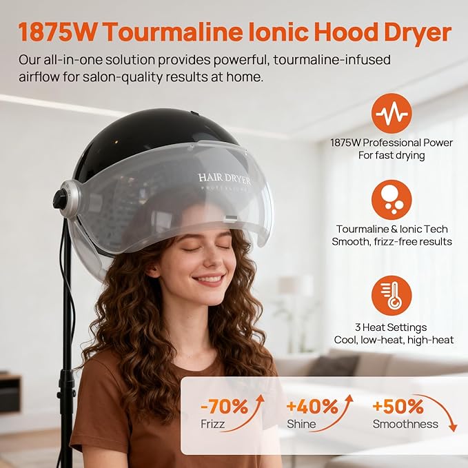 1875W Ionic Standing Hair Dryer, Professional Salon Bonnet Dryer on Wheels, Adjustable Hood & Height, 3 Heat Settings, Quick Shut-Off Rolling Hair Steamer Machine for Deep Conditioning & Styling, Gray