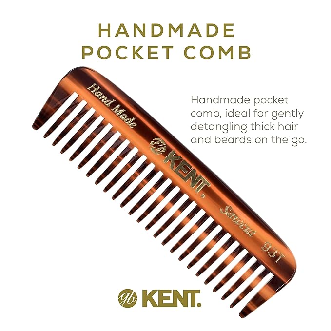 Kent 93T Tortoiseshell Beard Comb for Men - Wide Tooth Men's Comb, Ideal For Mustaches and Beards and Facial Hair, Small Pocket Sized Travel Detangler Combs, Saw-Cut, Hand Polished, Made in England