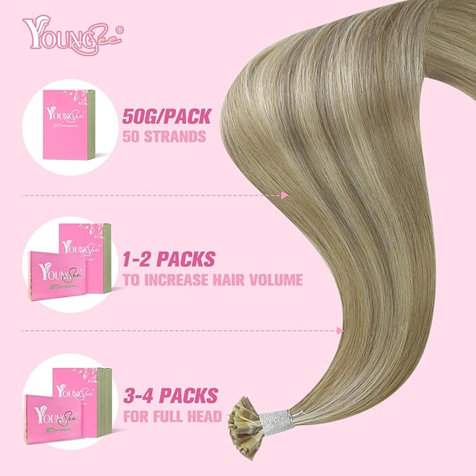 YoungSee K Tip Hair Extensions Real Human Hair Light Brown K Tip Extensions for Women Light Brown Highlight Blonde Hair Extensions K Tip 22in Ktip Hair Extensions Remy Human Hair Straight 50s/50g