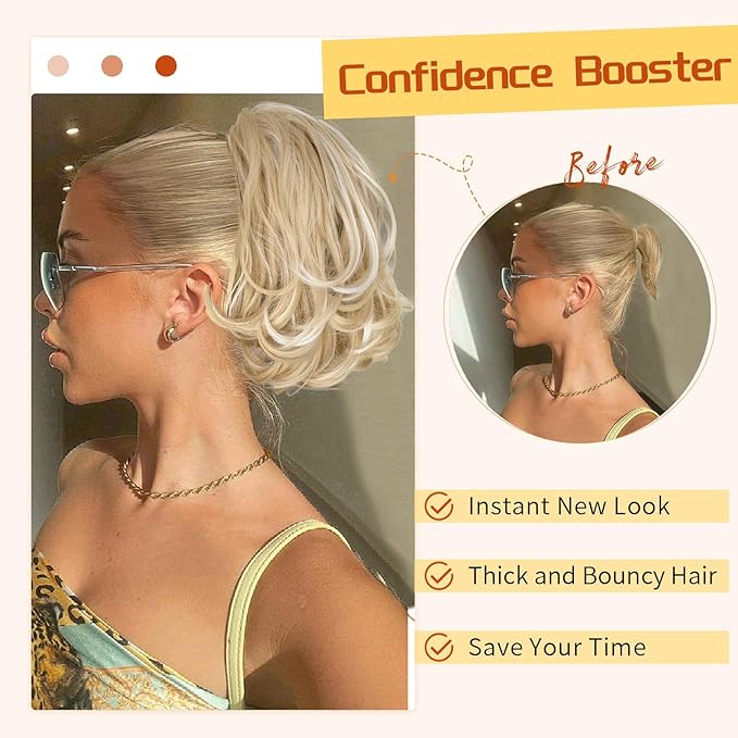 KooKaStyle Ponytail Extension, 10" Short Claw Clip in Pony Tails Hair Extensions Curly Wavy Synthetic Drawstring Hairpieces for Women(Blonde with White Highlights)