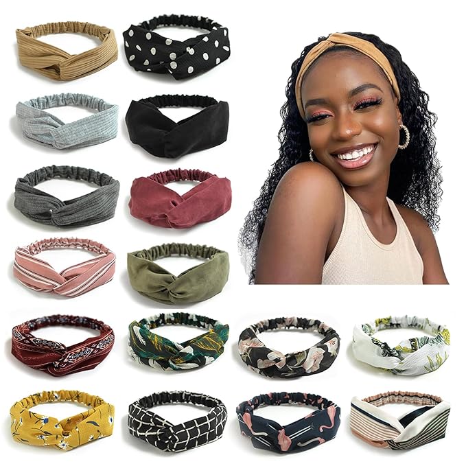 DRESHOW 16 Pack Turban Headbands for Women Elastic Back Twisted Hair Bands Face Vintage Cross Head Wrap Hair Accessories
