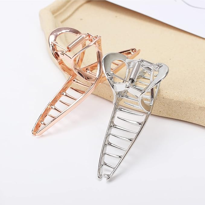 Metal Shark Big Hair Clamps - Large Barrette Hair Accessories with Strong Hold for Women and Girls, 2 Pcs (Rose Gold, Glossy Silver)