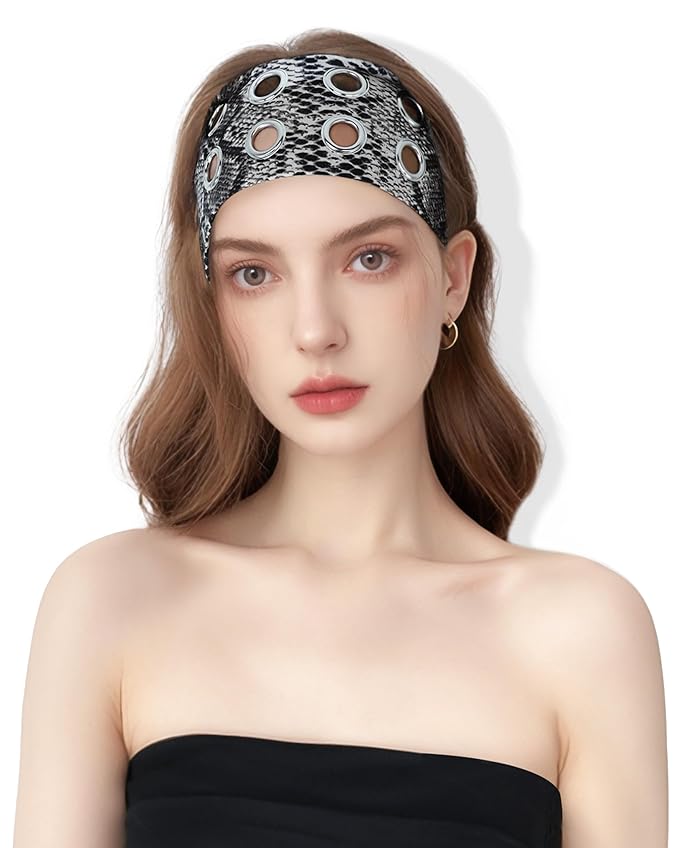 Grommet Headband for Women, Grey Snake 23cm Hollow Out Elastic Hair Band, Eyelets Punk Grunge Stylish Hairband