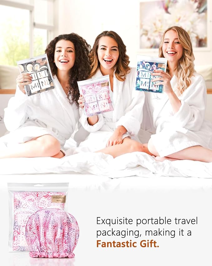 mikimini Medium Shower Cap for Women 2 Pack, Double Layer Waterproof, Reusable, Washable, Romantic Petal Design, Floral Print