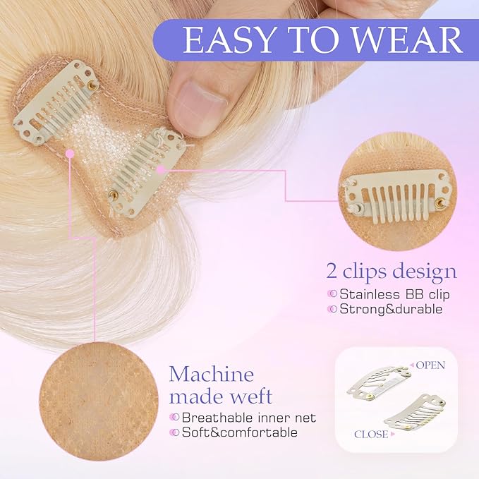 Hairro Clip On Bangs Human Hair Bangs Hair Clip In Bangs 3D 360°Cover Topper With Bangs Wispy Air Bangs Hair Pieces Fake Bangs For Women 8 Inches 10g #613 Light Blonde