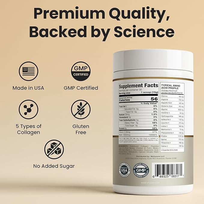VITASEI Hydrolyzed Collagen Peptides Powder with Resveratrol & Vitamin C – Hair, Skin & Joint Support – Colágeno Hidrolizado for Women & Men – Delicious Cookies & Cream Flavor, 16 oz (30 Servings)