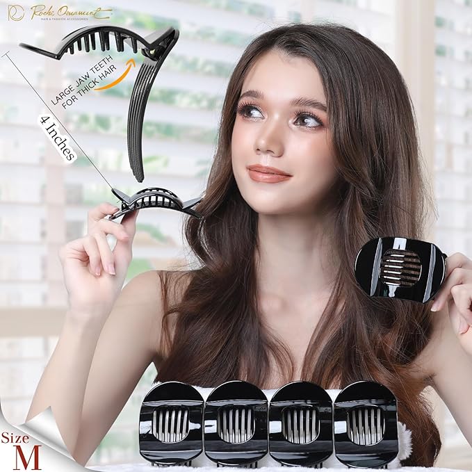 RC ROCHE 6 Pcs Flat Claw Hair Clips for Women Thick Hair French Round Duckbill Square Secure Strong Hold Grip Clamps Barrettes Curved No Slip No Crease Plastic Styling Cute, Medium Black
