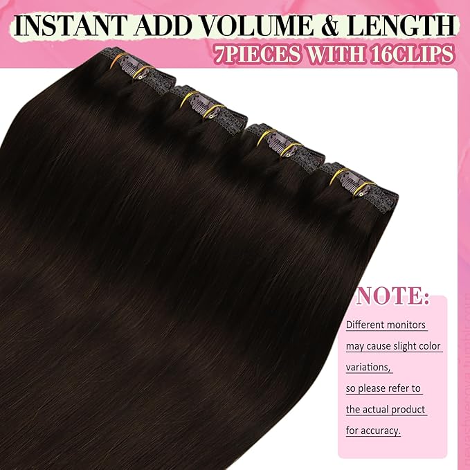 YoungSee Clip in Human Hair Extensions Brown Clip in Extensions Real Human Hair Darkest Brown Human Hair Clip ins Extensions Ease to Use 22Inch 7Pcs 120G