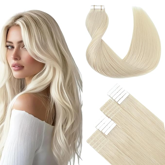 SURNEL Tape in Extensions Real Human Hair Soft #60 Platinum Blonde Tape in Hair Extensions 18 inch 20pcs 50g(#60-18)