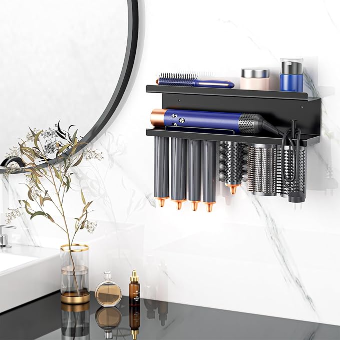 Hair Dryer Holder Wall Mounted Curling Iron Accessories Storage, Straightener Holder, Blow Dryer Holder Organizer, Adhesive Drilling Hair Tool Organizer for Bathroom (Black)