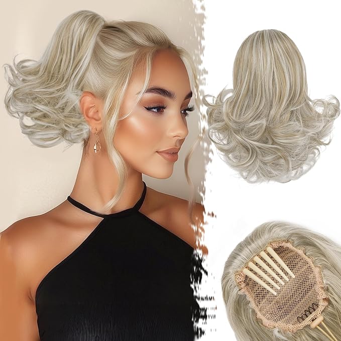 BARSDAR Drawstring Comb Clip Ponytail Extension - 10 Inch Short Wavy Clip in Ponytails Hairpieces for Women - Synthetic Gray Ponytail Extension Fake Pony Tails - Blonde Mix Gray