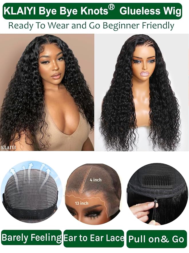 KLAIYI Water Wave Pre Everything Glueless 13x4 Lace Front Wigs Human Hair Precut Lace Pre Plucked Pre Bleached Bye Bye Knots Curly Wear and Go Beginners Wig with Drawstring 30S Ready to Wear 22Inch