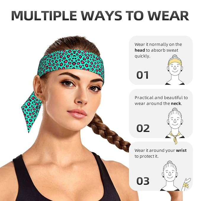 Boys Girls Sports Sweat Band, Boho Style Elastic Head Ribbon for Running Fitness Spa, Beauty Skinny Cheetah Turquoise Mint Green Leopard Print Headwear Hand Decor