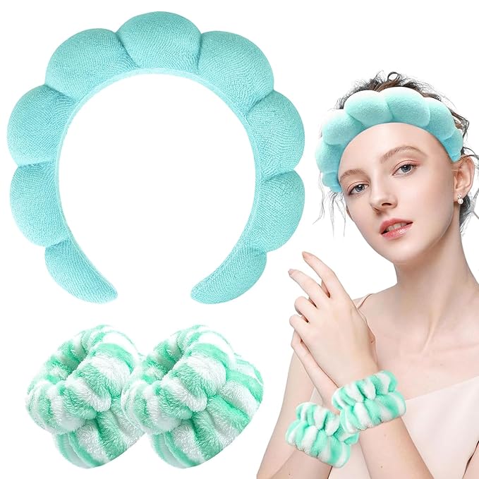 Zkptops Spa Headband for Washing Face Wristband Set Sponge Makeup Skincare Headband Terry Cloth Bubble Soft Get Ready Hairband for Women Puffy Padded Headwear Non Slip Thick Hair Accessory(Turquoise)