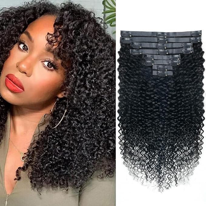 Seamless 3C 4A Kinky Curly Clip In Extension PU Weft Curly Clip in Extension Human Hair Clip Ins Full Head for Black Women Brazilian Remy Human Hair Natural Color 8Pcs with18clips 120g/Set (16 inch)