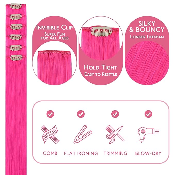 WENNALIFE Hot Pink Clip in Hair Extensions Real Human Hair 35g 6pcs 20 Inch Colored Hair Extensions for Kids Women Colorful Hair Pieces Pop-up Style Straight Extensiones De Cabello Humano Con Clip