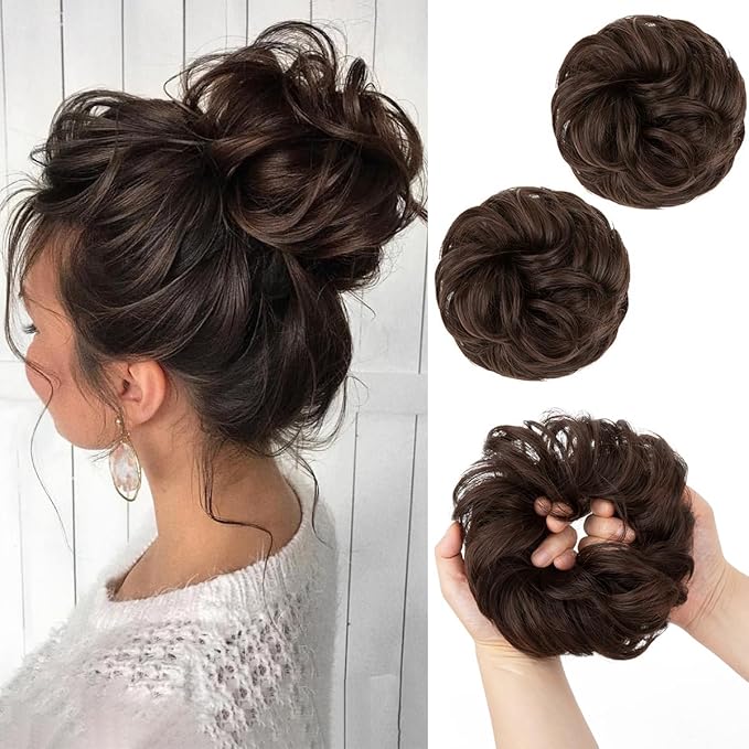 SARLA 2PCS Messy Hair Bun Hair Pieces Wavy Curly Synthetic Updo Fake Scrunchies Ponytail Extension for Women Dark Chocolate