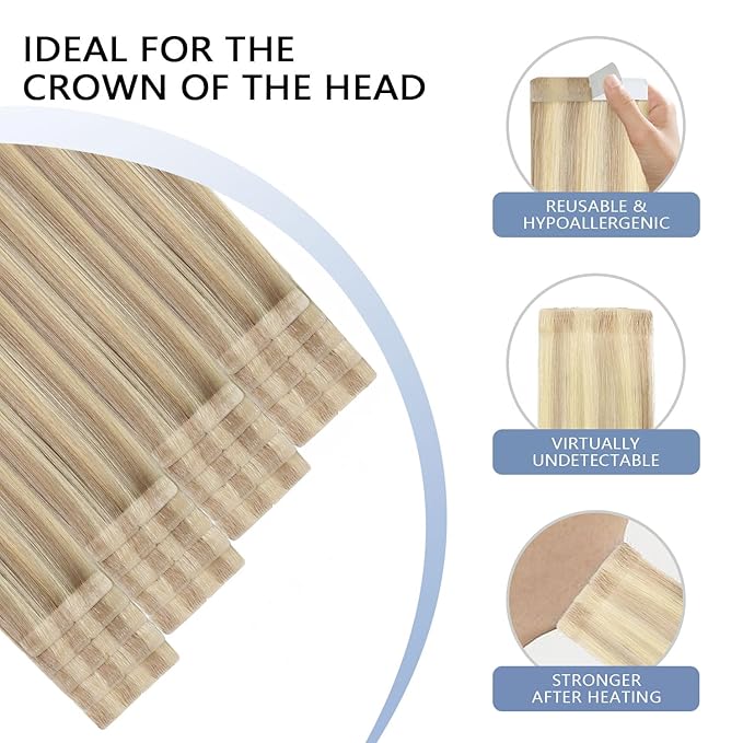COOKAYU Invisible Tape in Hair, Ash Blonde and Platinum Blonde Seamless Injected Tape in Human Hair Extensions 20pcs/pack 22Inch 50g Invisi Edge Extensions