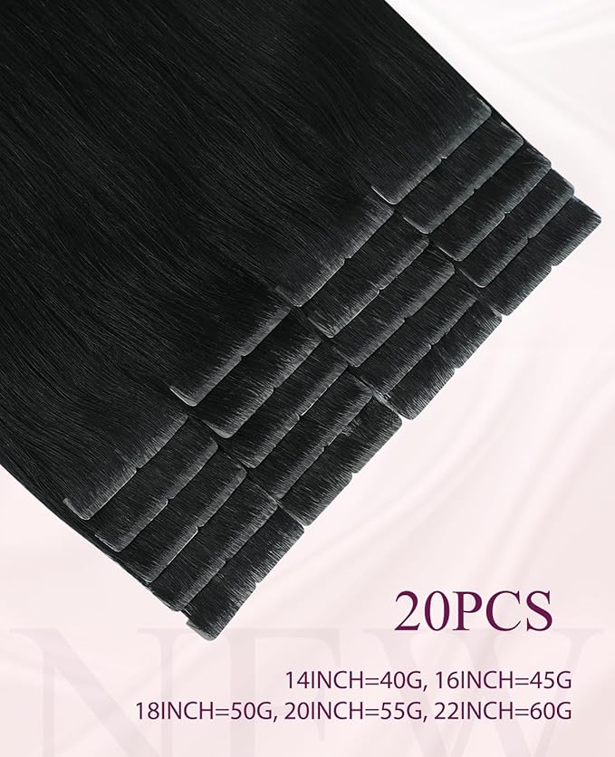 Pinkpearl Invisible Tape in Hair Extensions Human Hair, 20pcs 20inch 55g #1 Jet Black Injection Tape in Extensions Real Remy Straight Seamless Silky Human Hair Injected