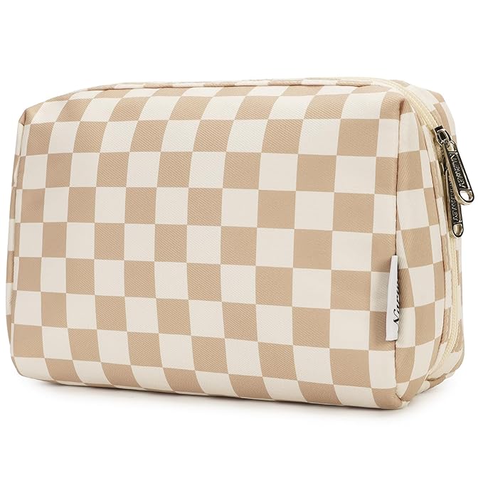 Narwey Checkered Makeup Bag Travel Cosmetic Bag Organizer Toiletry Bag Make Up Bags with Compartments for Women Girls (Large, Light Checkerboard)