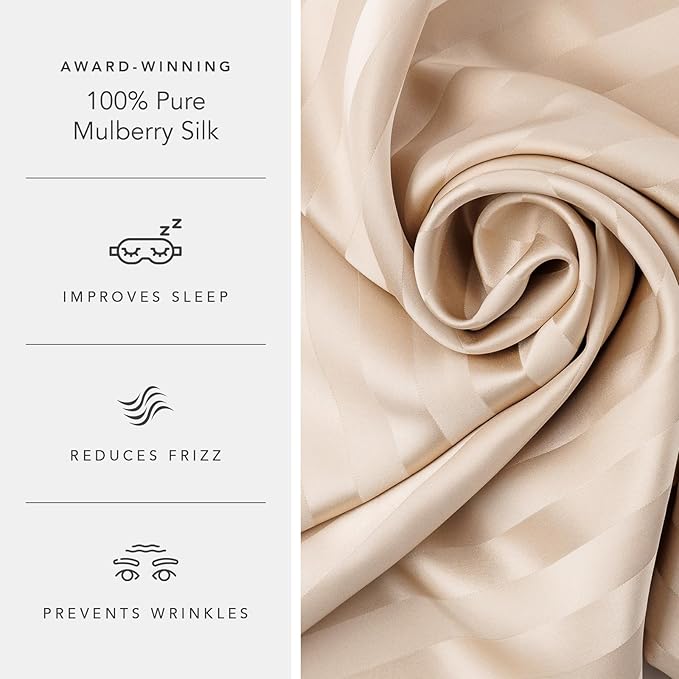 Fishers Finery 25mm 100% Pure Mulberry Silk Pillowcase Set (Taupe Stripe Queen 2 Pack)